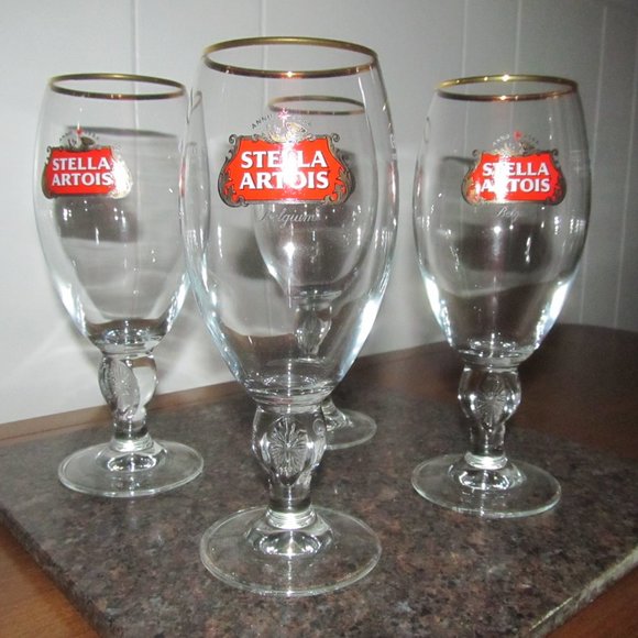 New Set of 2 Stella Artois Gold Rimmed Beer Glasses/"Chalices" from Belgium - Picture 1 of 14
